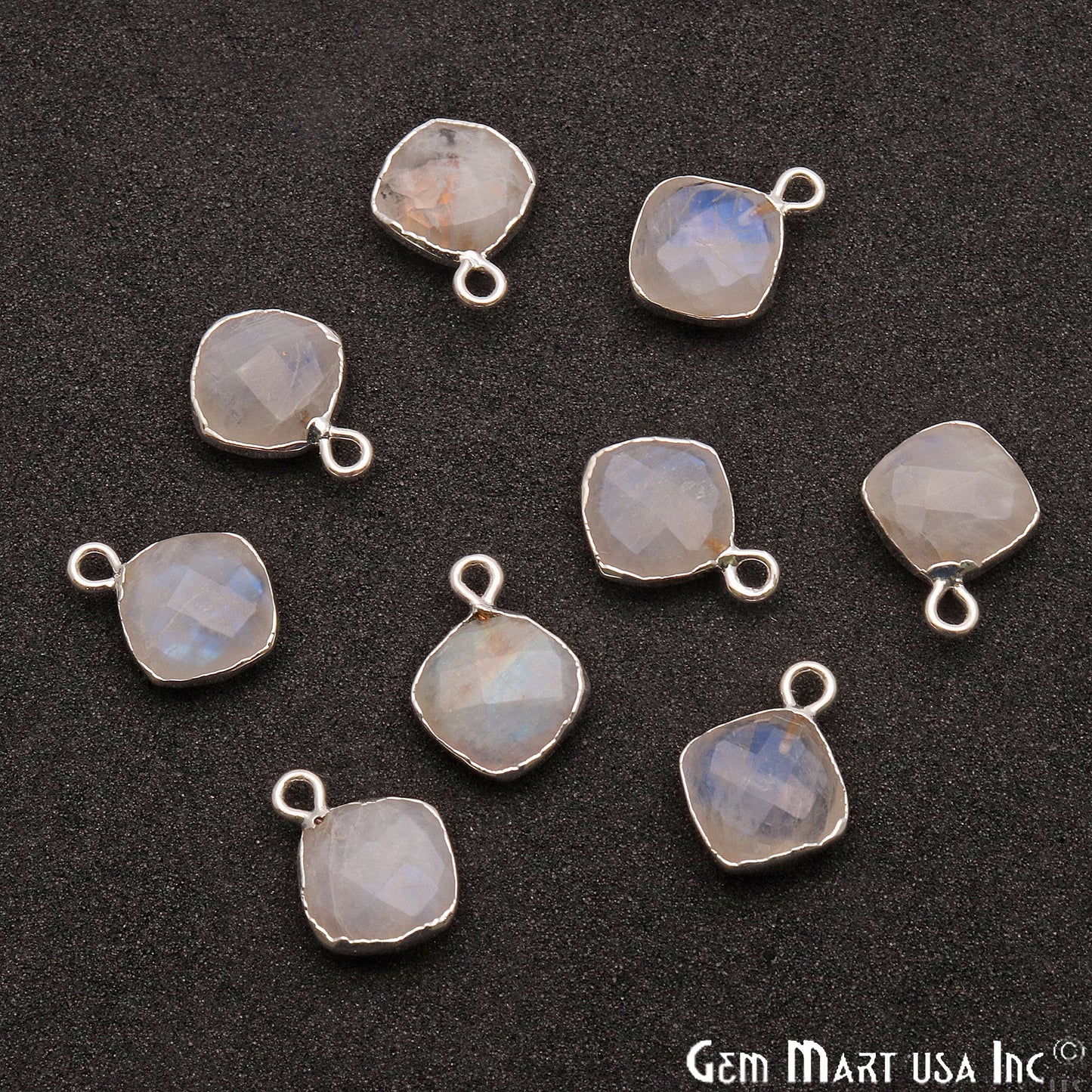 Rainbow Moonstone 10mm Cushion Silver Electroplated Gemstone Connector - GemMartUSA