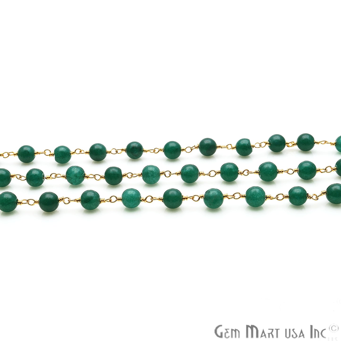 Green Jade Smooth Beads 6mm Gold Plated Wire Wrapped Rosary Chain - GemMartUSA