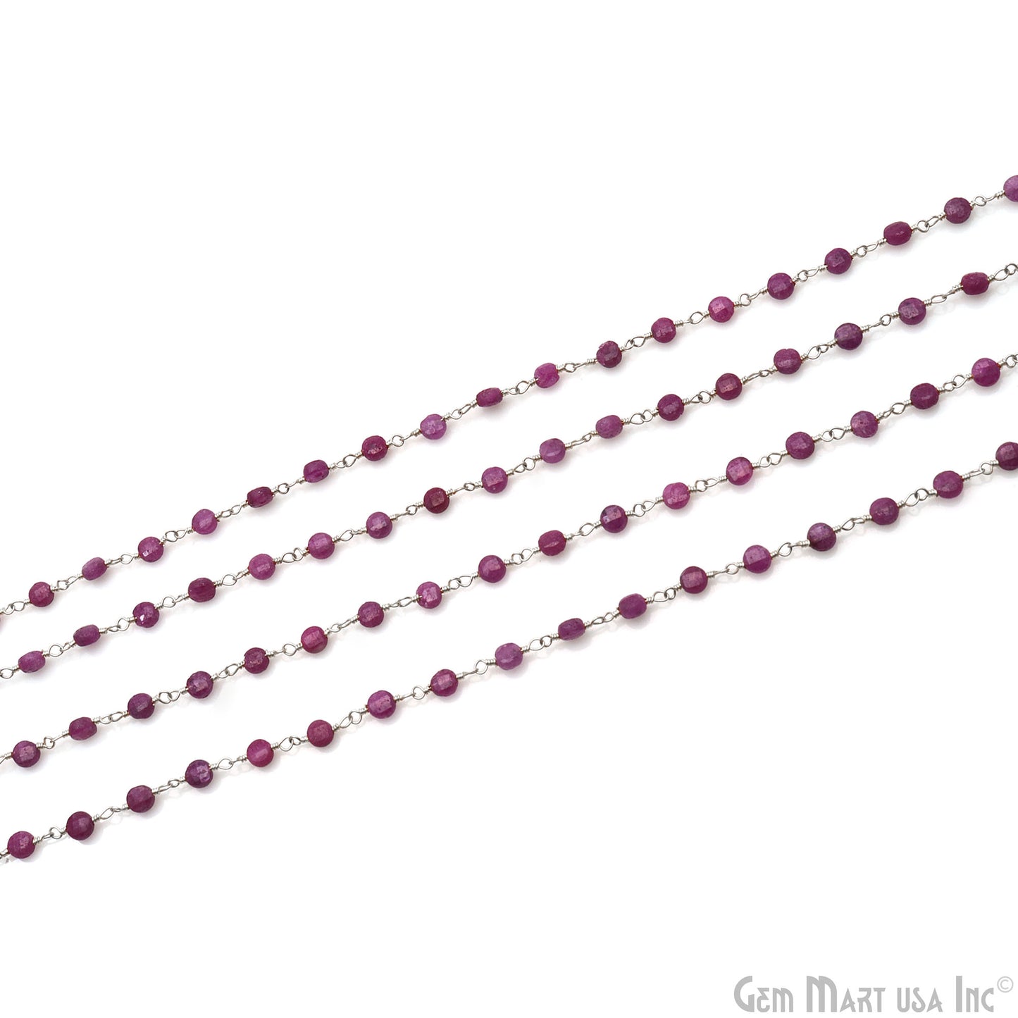 Natural Ruby Faceted Coin 3-4mm Silver Wire Wrapped Rosary Chain