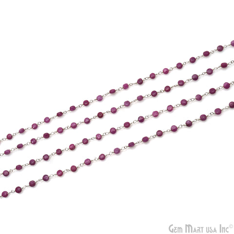 Natural Ruby Faceted Coin 3-4mm Silver Wire Wrapped Rosary Chain