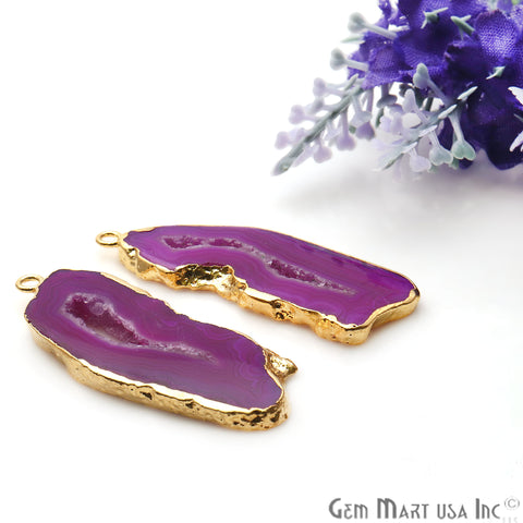 Agate Slice 15x44mm Organic Gold Electroplated Gemstone Earring Connector 1 Pair - GemMartUSA