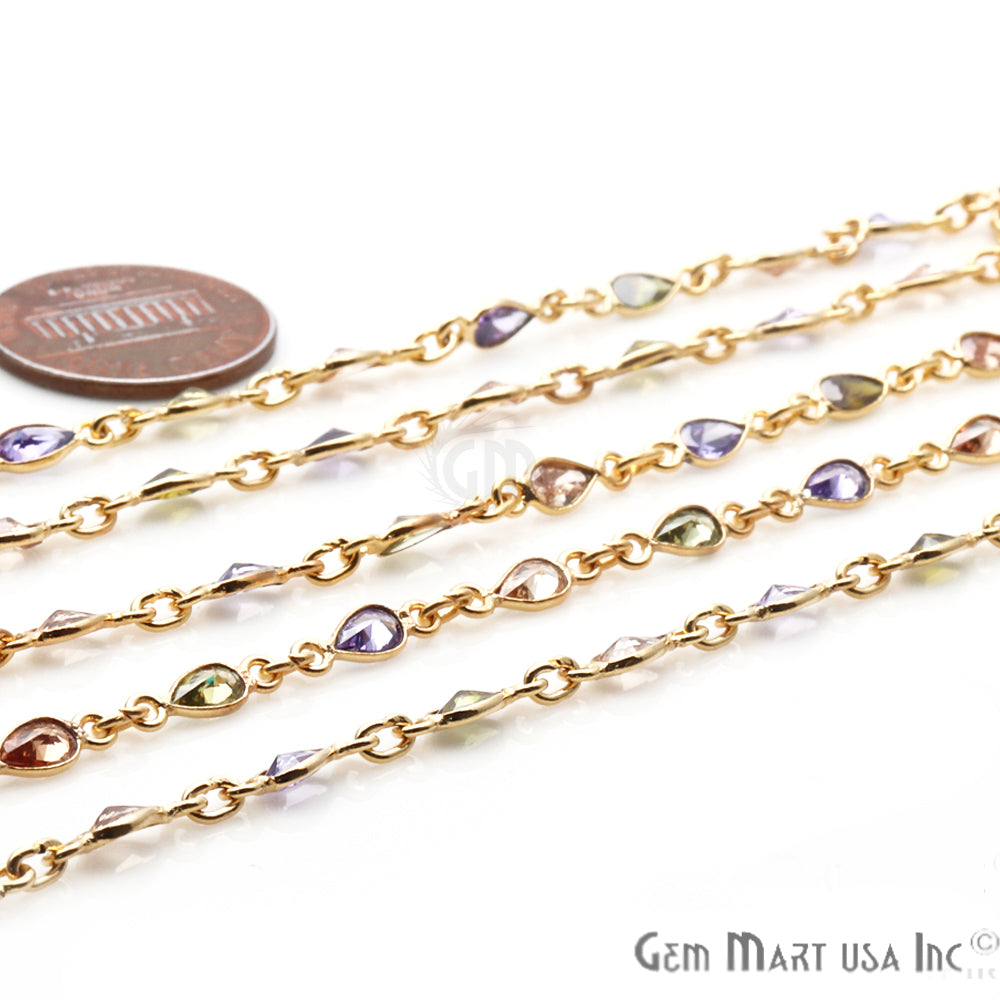 Multi Color Zircon 6x4mm Pear Shape Gold Plated Continuous Connector Chain - GemMartUSA