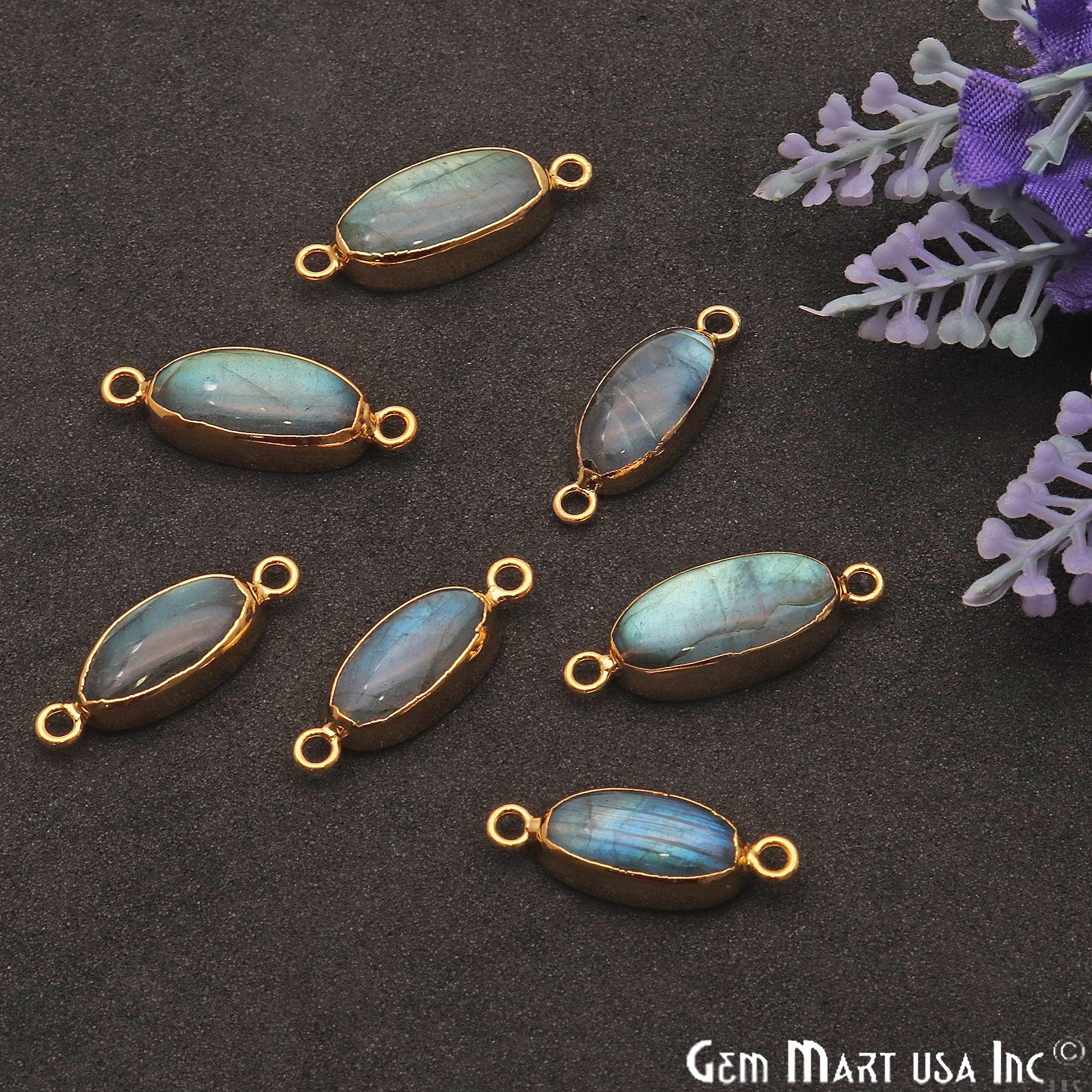 Labradorite Cabochon 23x8mm Oval Gold Electroplated Double Bail Gemstone Connector - GemMartUSA