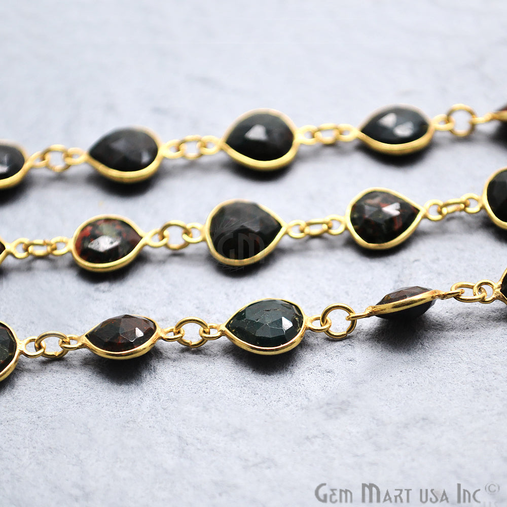 Blood Stone 8mm Heart Shape Bezel Gold Continuous Connector Chain - GemMartUSA