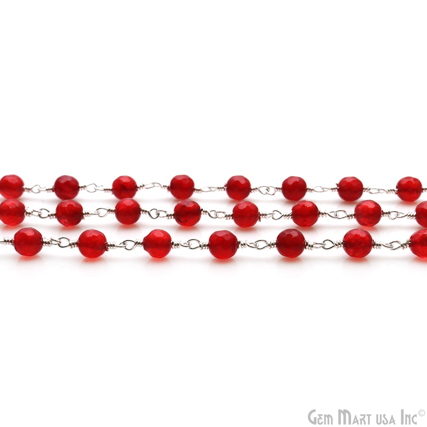 Red Jade Faceted 6mm Silver Wire Wrapped Rosary Chain