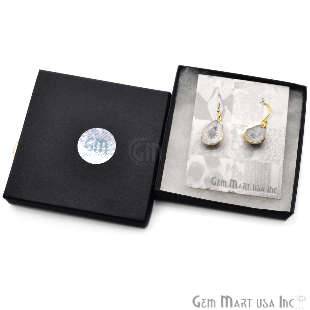 Geode Druzy Gemstone 24x12mm Gold Edge Dangle Hook Earrings - GemMartUSA