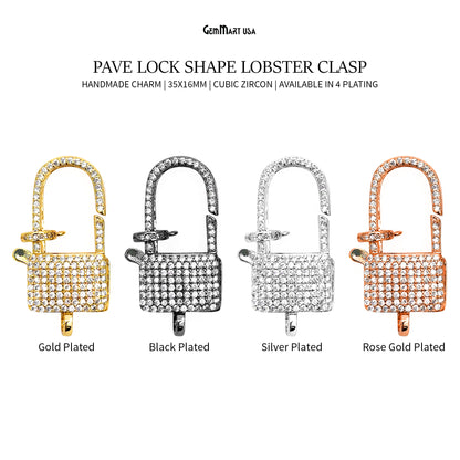 CZ Pave Lock Shape Lobster Clasp 35x16mm CZ Clear Micro Pave Lobster Claw Clasp