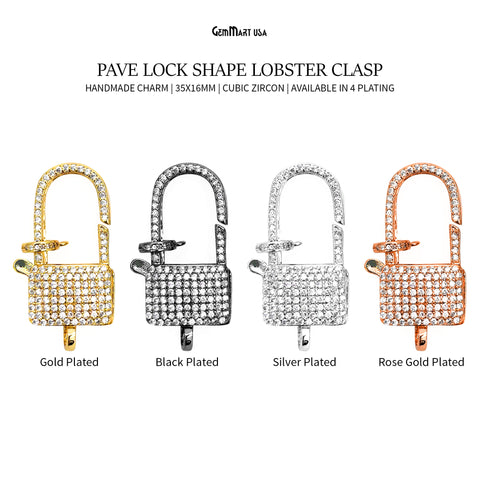 CZ Pave Lock Shape Lobster Clasp 35x16mm CZ Clear Micro Pave Lobster Claw Clasp