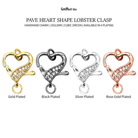 CZ Pave Heart Shape Lobster Clasp 15x12mm CZ Clear Micro Pave Lobster Claw Clasp