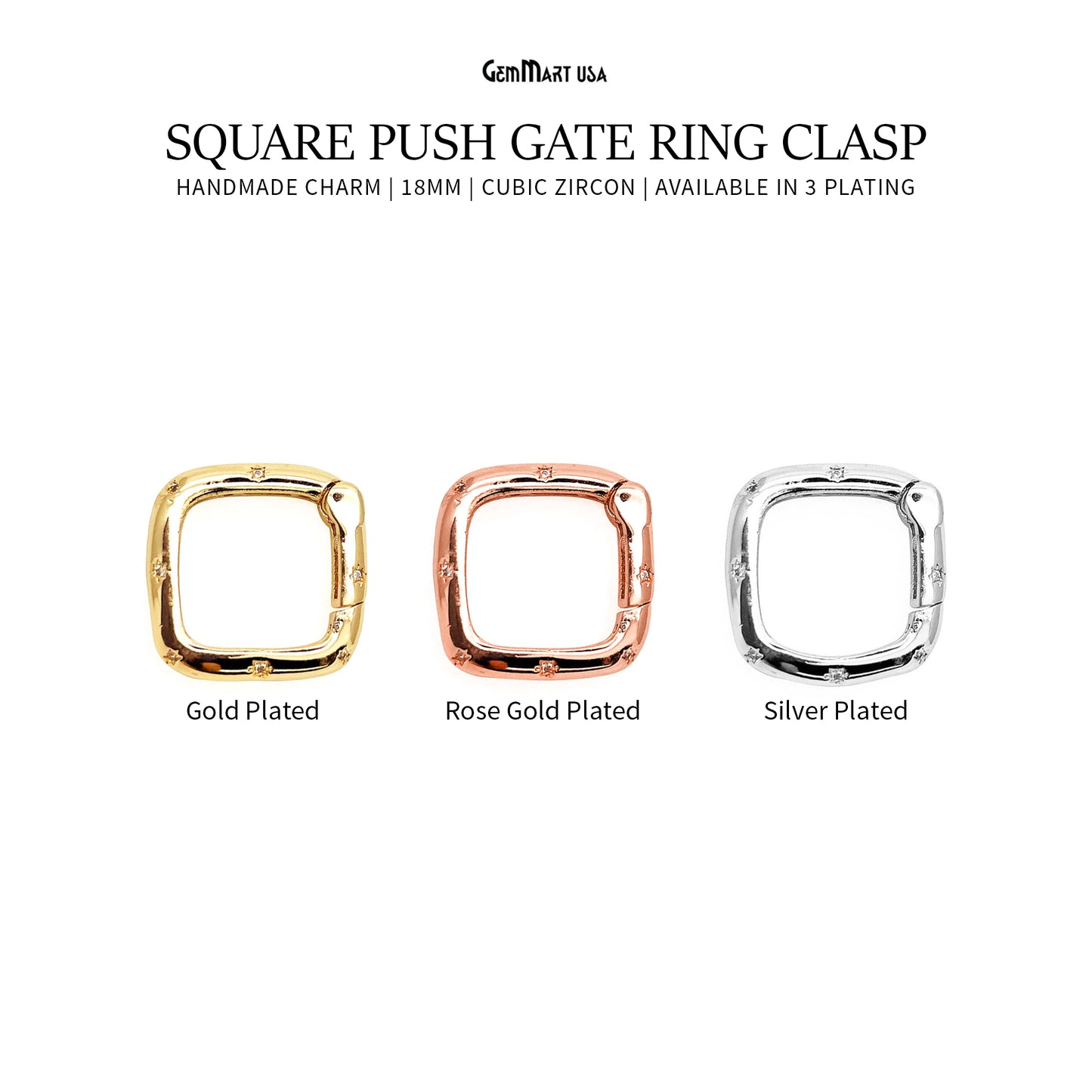 CZ Square Push Gate Ring Clasp 18mm Charm Pendant