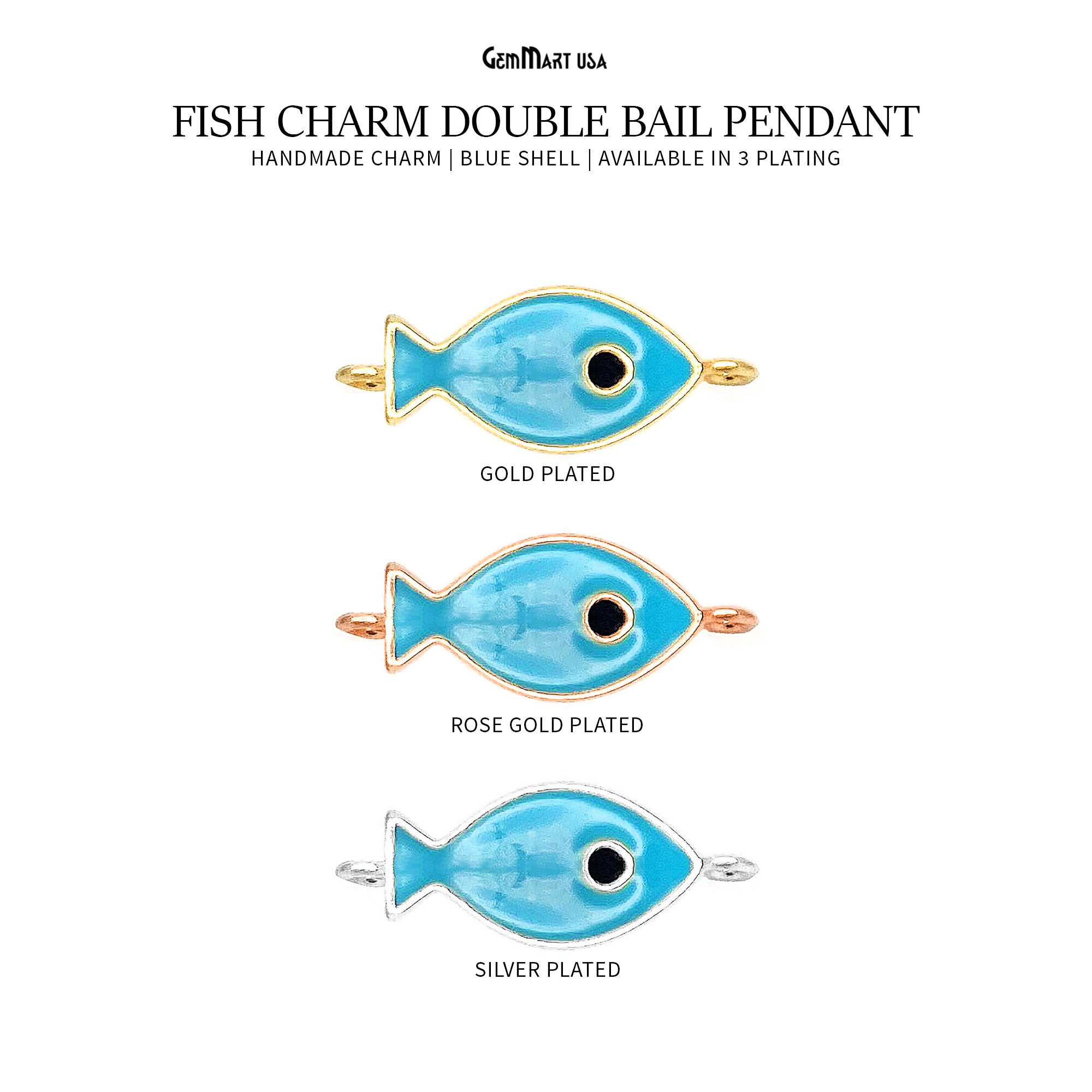Fish Charm Blue Shell  Double Bail Connector Pendant