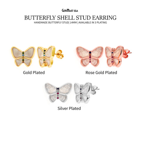 Butterfly Shell Stud CZ 14mm Butterfly Stud Earring