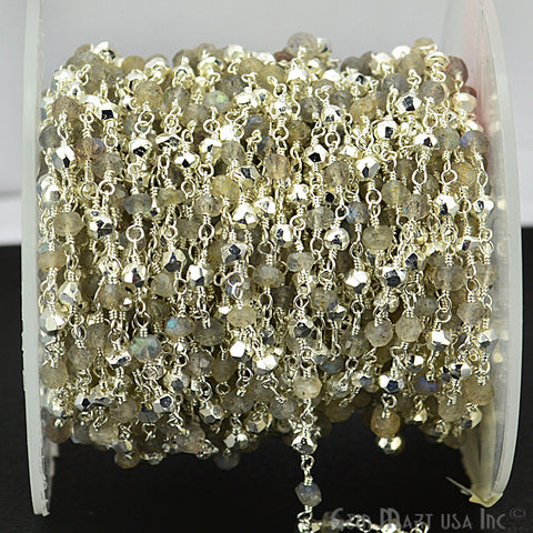 Silver Pyrite & Labradorite Gemstone Bead Wire Wrapped Rosary Chain - GemMartUSA