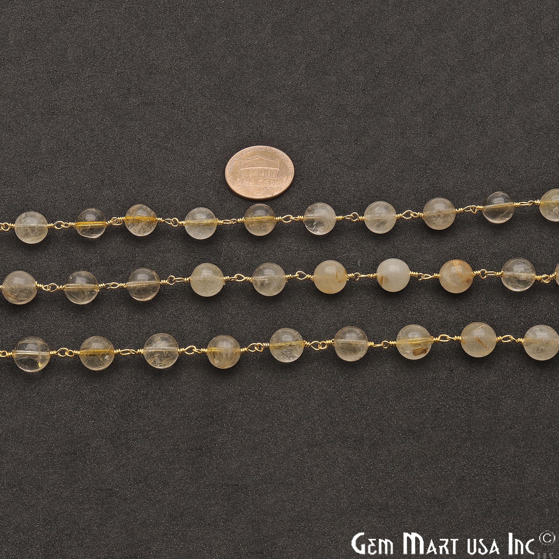 Golden Rutile Smooth Beads 8mm Gold Plated Wire Wrapped Rosary Chain - GemMartUSA