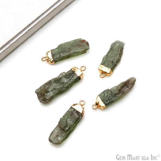 Green Kyanite Gemstone 34x10mm Organic Shape Gold Edged Single Bail Connector Charm