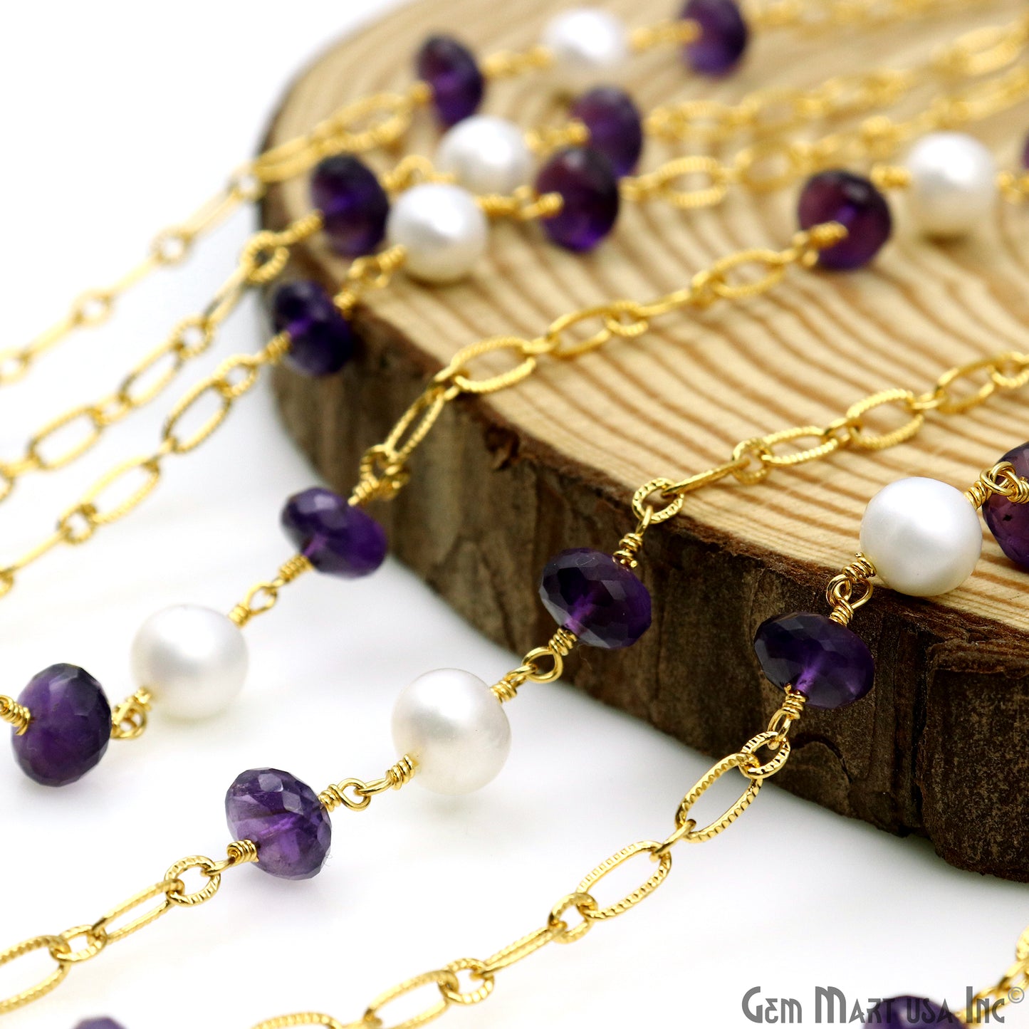 Amethyst & Pearl Round Beads Gold Plated Finding Rosary Chain