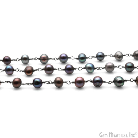Black Freshwater Pearl 6mm Round Beads Oxidized Rosary Chain