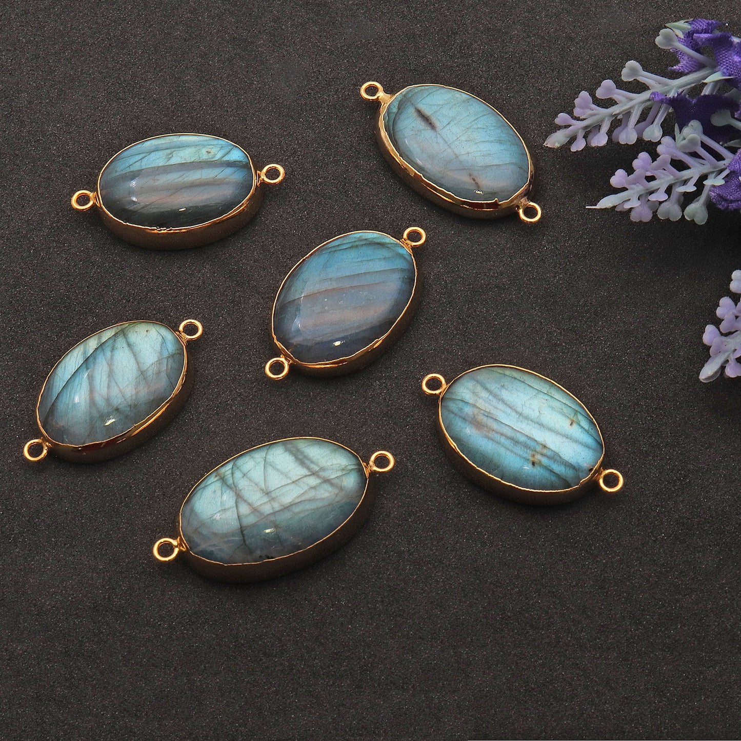 Labradorite Cabochon 36x20mm Oval Gold Electroplated Double Bail Gemstone Connector - GemMartUSA