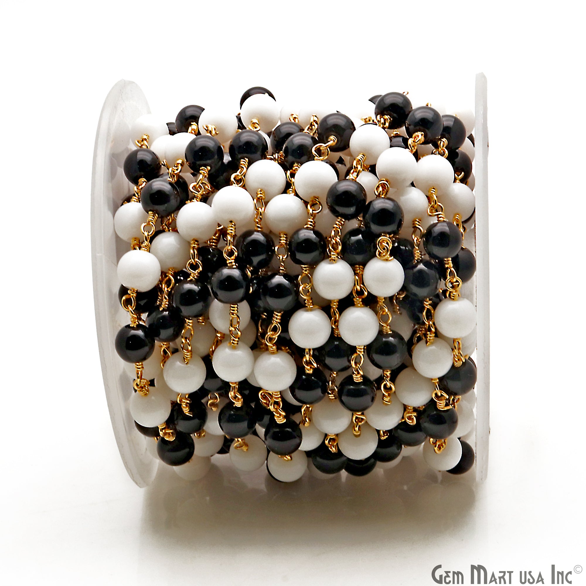 Black Spinel & White Agate Cabochon Beads 6mm Gold Wire Wrapped Rosary Chain - GemMartUSA