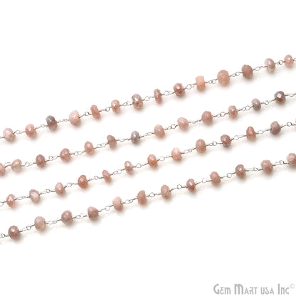 Peach Moonstone 6-7mm Silver Wire Wrapped Rondelle Faceted Bead Rosary Chain