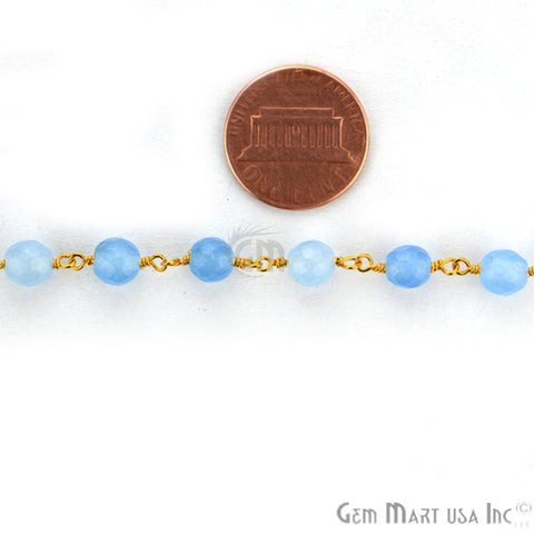Baby Blue Jade Faceted Beads Gold Plated Wire Wrapped Rosary Chain - GemMartUSA