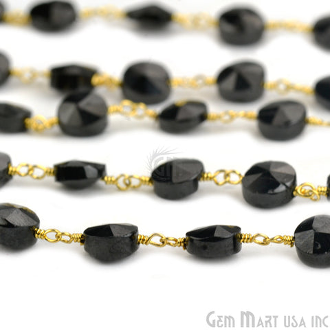 Black Spinel Coin 6-7mm Gold Plated Wire Wrapped Beads Rosary Chain (762923515951)