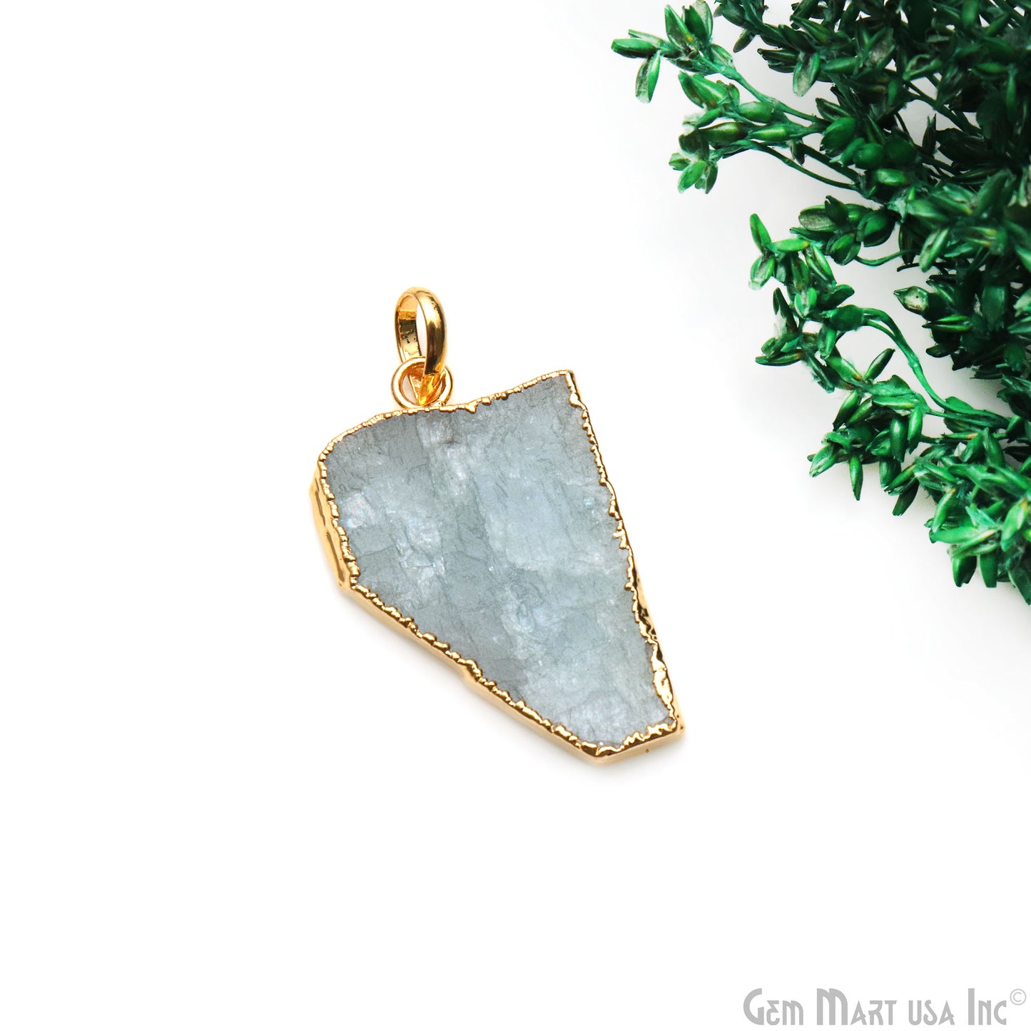 Aquamarine Free Form shape 35x23mm Gold Electroplated Gemstone Single Bail Pendant