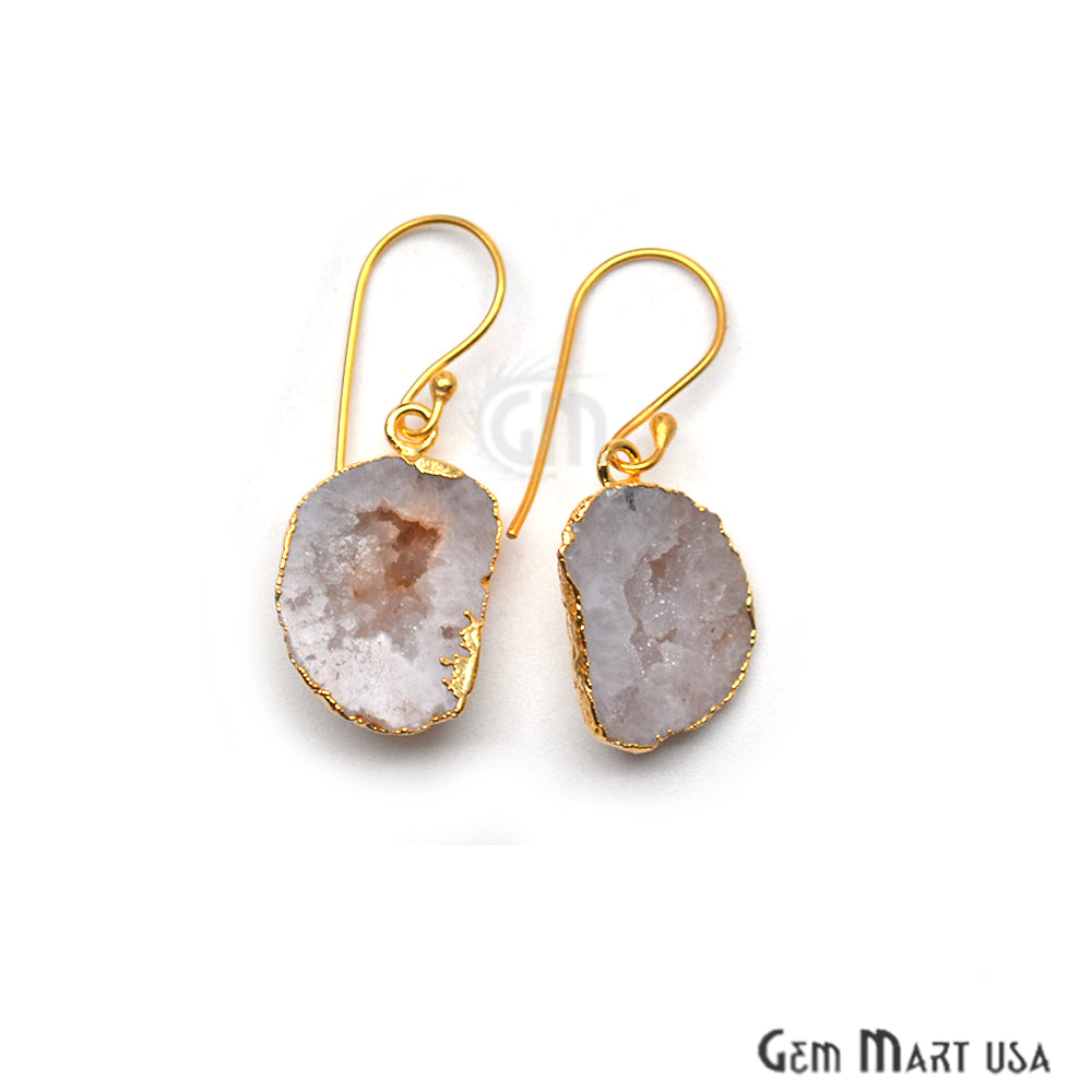Geode Druzy Gemstone 24x15mm Gold Edge Dangle Hook Earrings - GemMartUSA