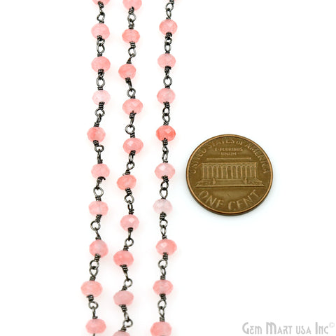 Pink Peach Jade Faceted 4mm Beads Oxidized Wire Wrapped Rosary Chain