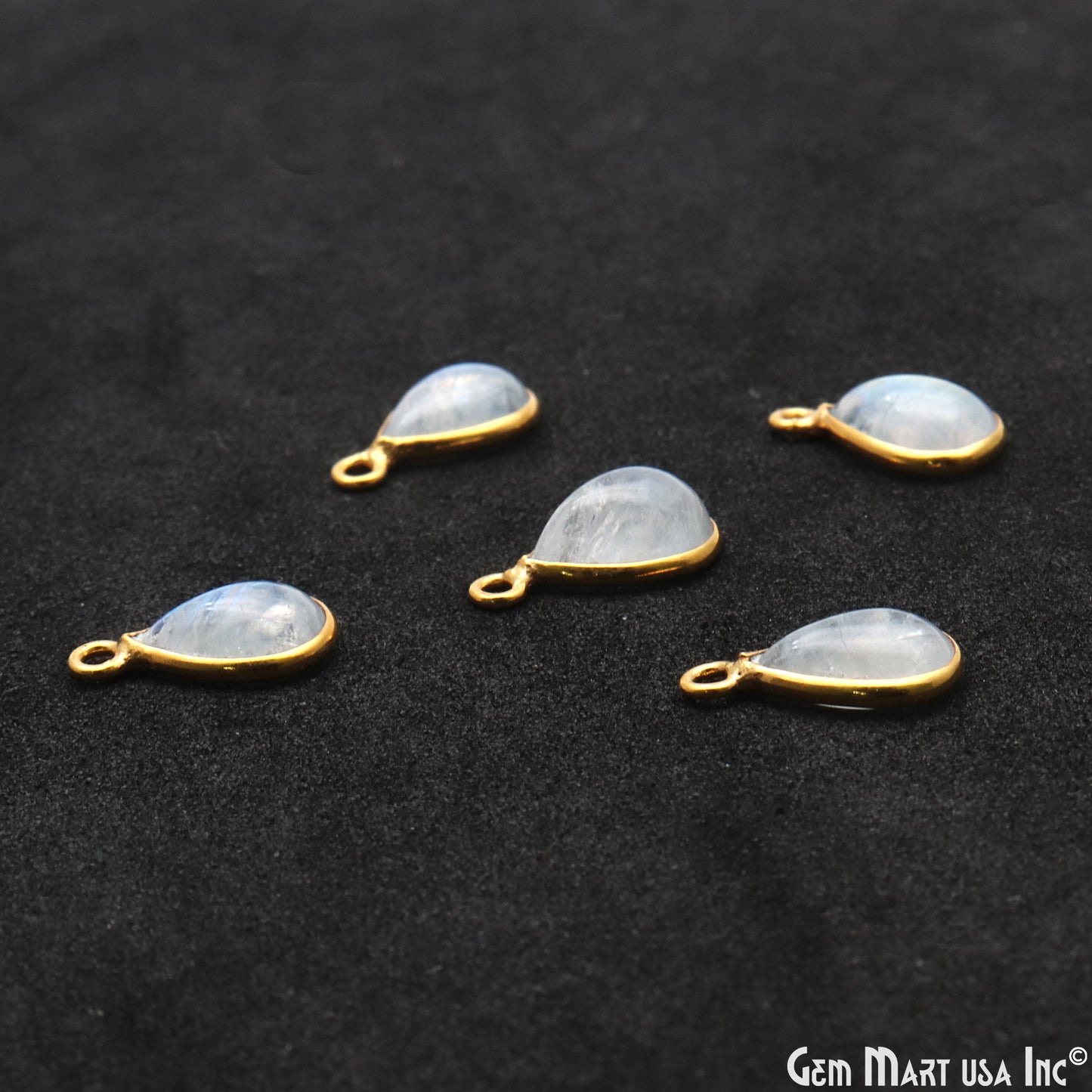 Rainbow Moonstone Cabochon 7x10mm Pears Single Bail Gold Bezel Connector