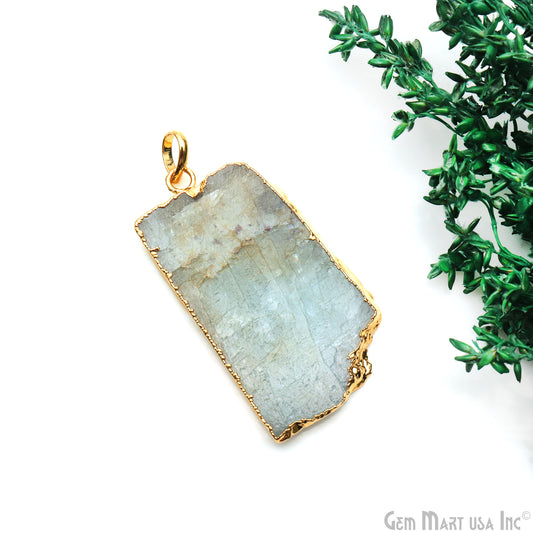 Aquamarine Free Form shape 47x25mm Gold Electroplated Gemstone Single Bail Pendant