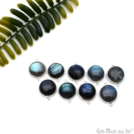 Flashy Labradorite Cabochon 16mm Round Double Bail Silver Plated Gemstone Connector