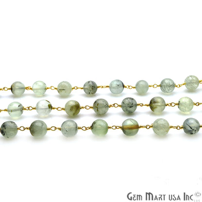 Prehnite Smooth Beads 8mm Gold Plated Wire Wrapped Gemstone Rosary Chain - GemMartUSA