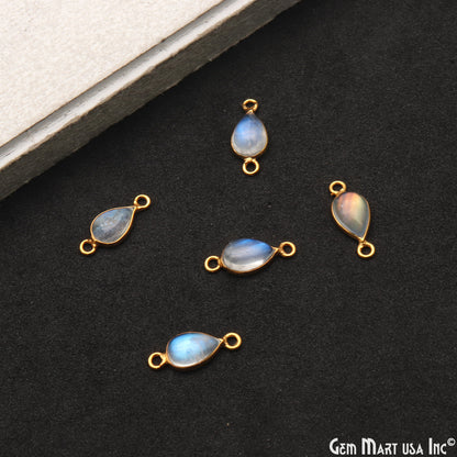 Rainbow Moonstone Cabochon 6x9mm Pears Double Bail Gold Bezel Connector