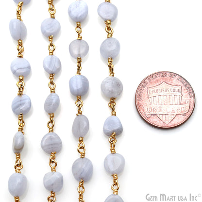 Blue Lace Agate 8x5mm Tumble Beads Gold Plated Rosary Chain