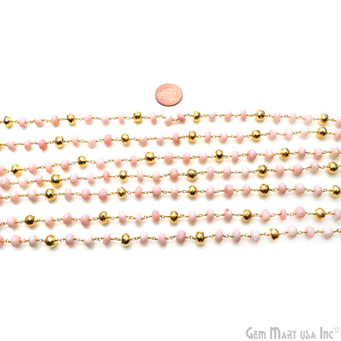 Pink Opal & Golden Pyrite Rondelle Bead Gold Rosary Chain