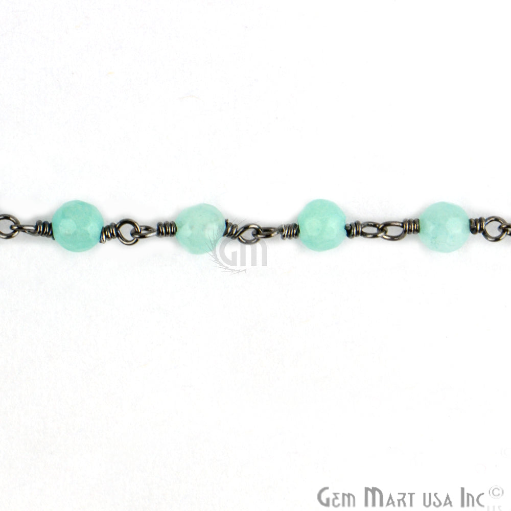 Aqua Jade 4mm Oxidized Wire Wrapped Beads Rosary Chain