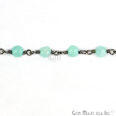 Aqua Jade 4mm Oxidized Wire Wrapped Beads Rosary Chain