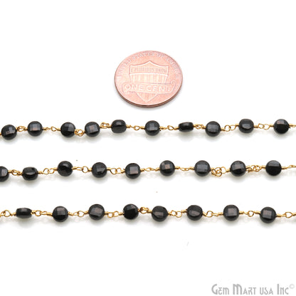 Black Spinel Faceted 3-4mm Gold Wire Wrapped Rosary Chain