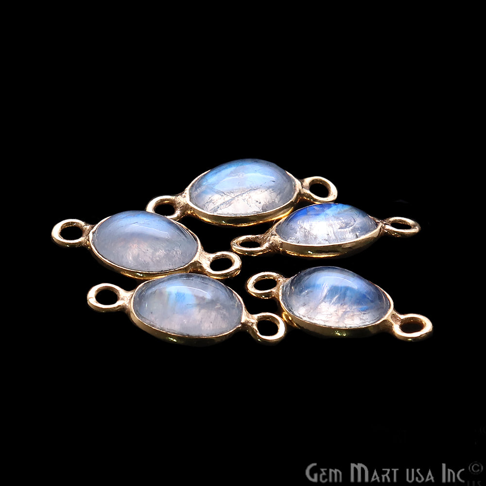 Rainbow Moonstone Cabochon 6x8mm Oval Gold Plated Double Bail Gemstone Connector - GemMartUSA