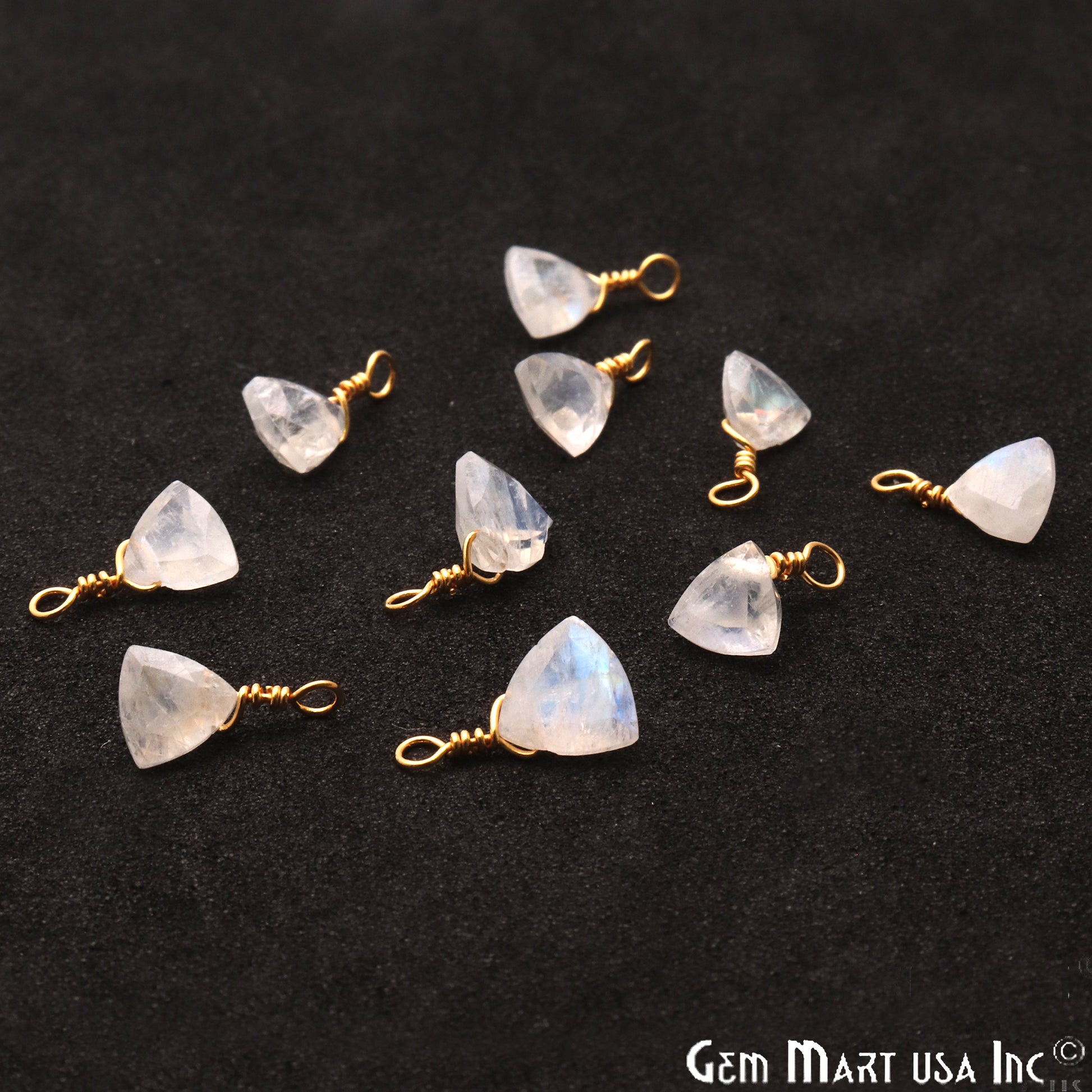 Rainbow Moonstone 6mm Trillion Single Bail Gold Wire Wrapped Gemstone Connector - GemMartUSA