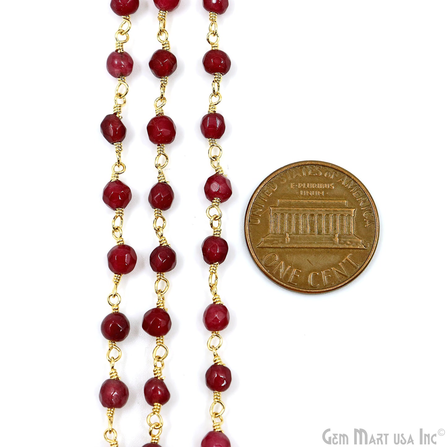 Dark Cherry Jade Beads 4mm Gold Plated Wire Wrapped Rosary Chain