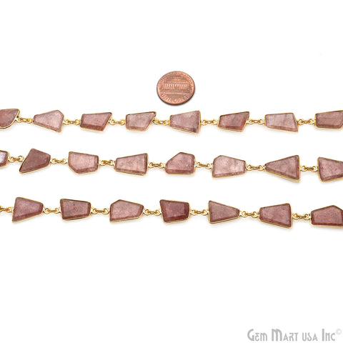 Strawberry Quartz 10-15mm Faceted Free Form Gold Bezel Connector Chain