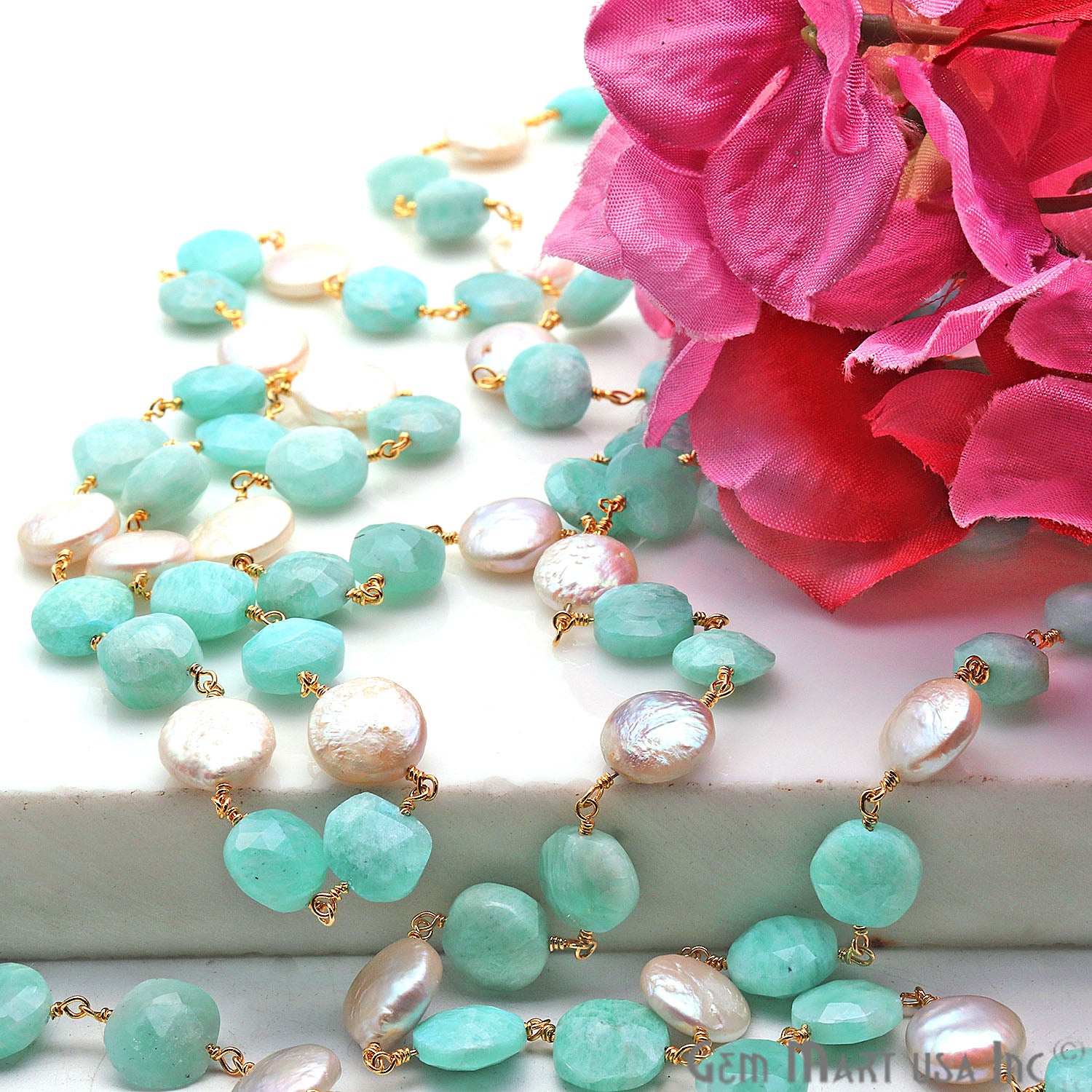 Amazonite & Pearl Round Rough Beads Gold Plated Rosary Chain - GemMartUSA