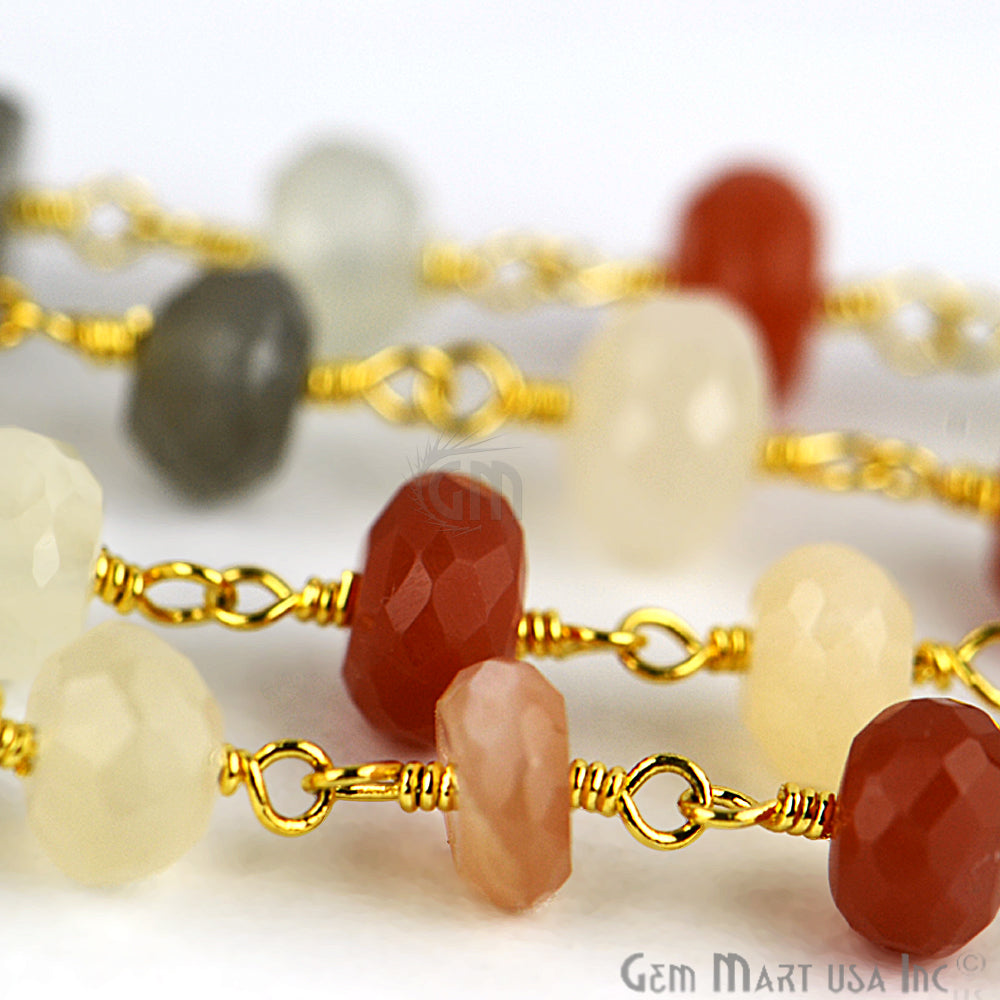 Multi Moonstone Beads Chain, Gold Plated Wire Wrapped Rosary Chain - GemMartUSA (763718991919)