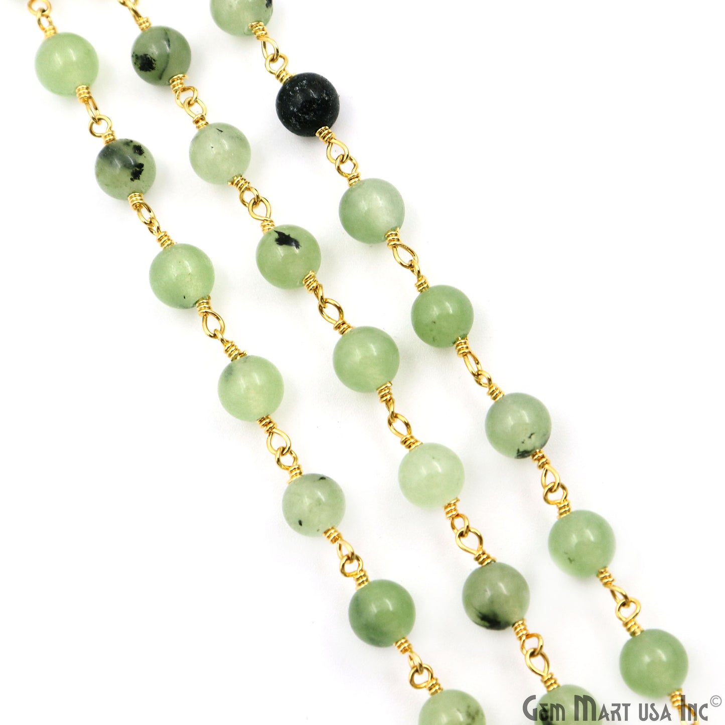 Green Rutile Jade Cabochon Beads 6mm Gold Plated Gemstone Rosary Chain