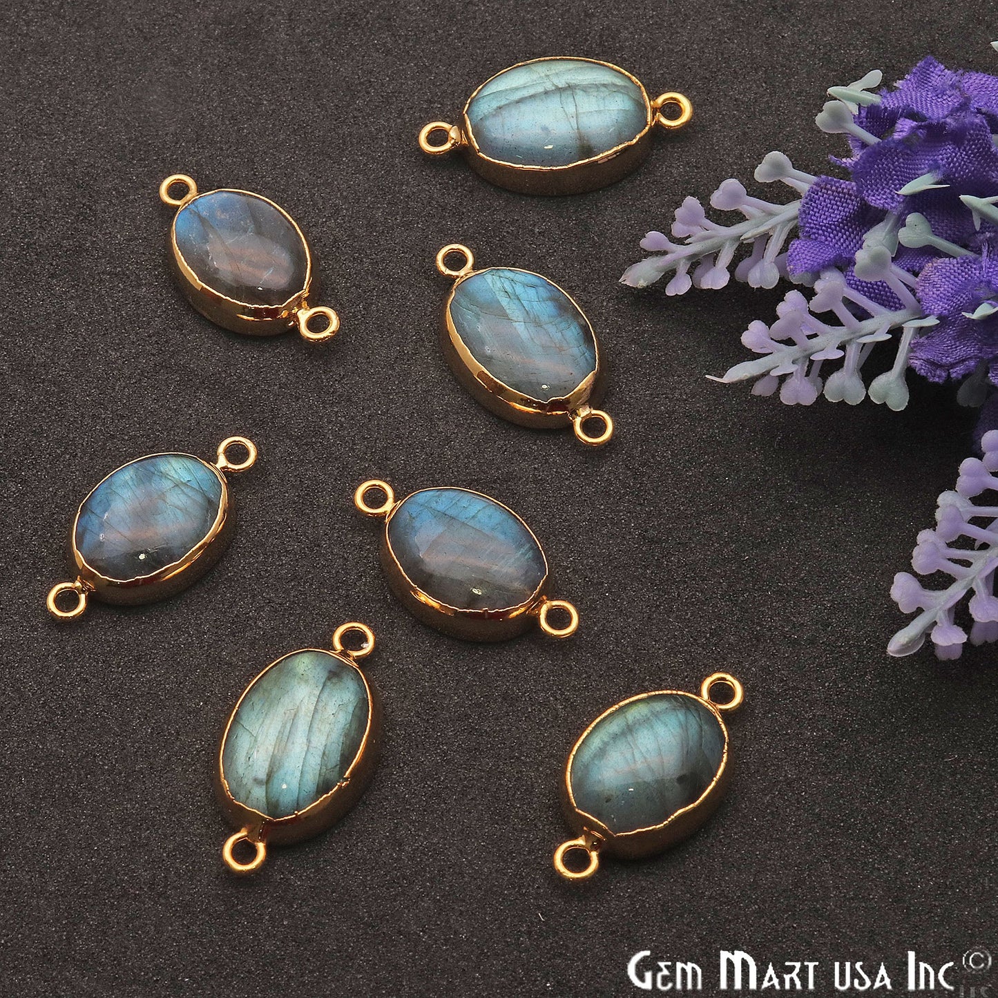 Labradorite Cabochon 23x12mm Oval Gold Electroplated Double Bail Gemstone Connector - GemMartUSA