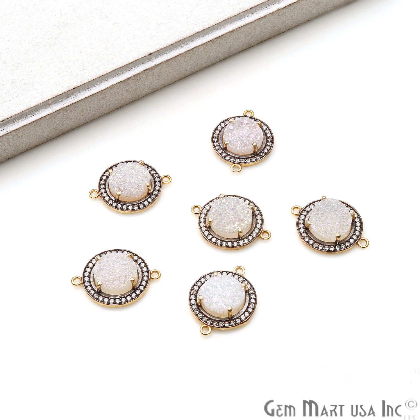 White Druzy Cubic Zircon Round 10mm Gold Plated Double Bail Connector (Pick Pave Color) - GemMartUSA