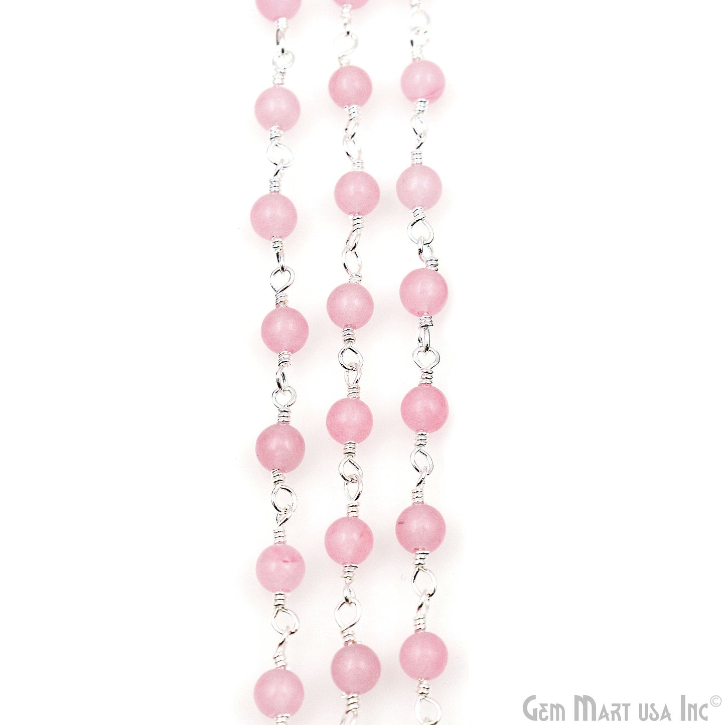 Pink Jade Cabochon 4mm Silver Wire Wrapped Rosary Chain