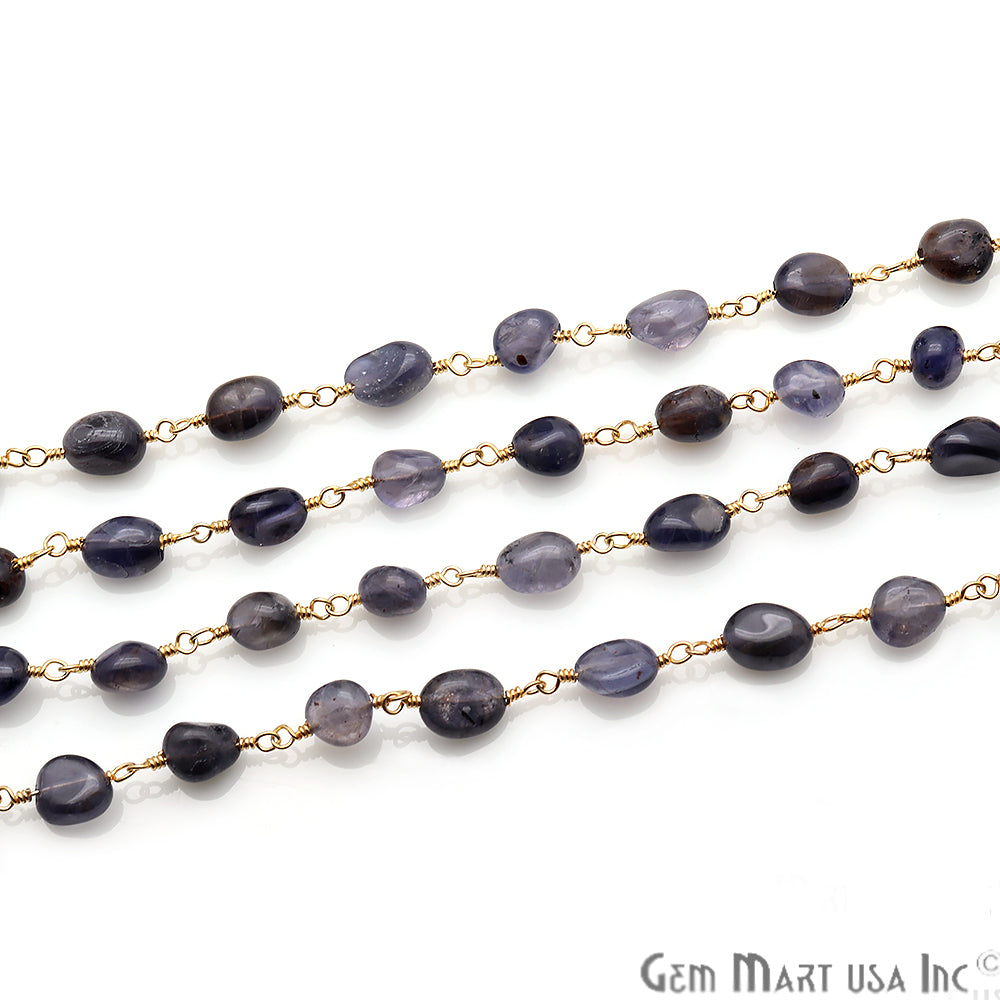 Iolite 6x4mm Organic Shape Gold Wire Wrapped Rosary Chain